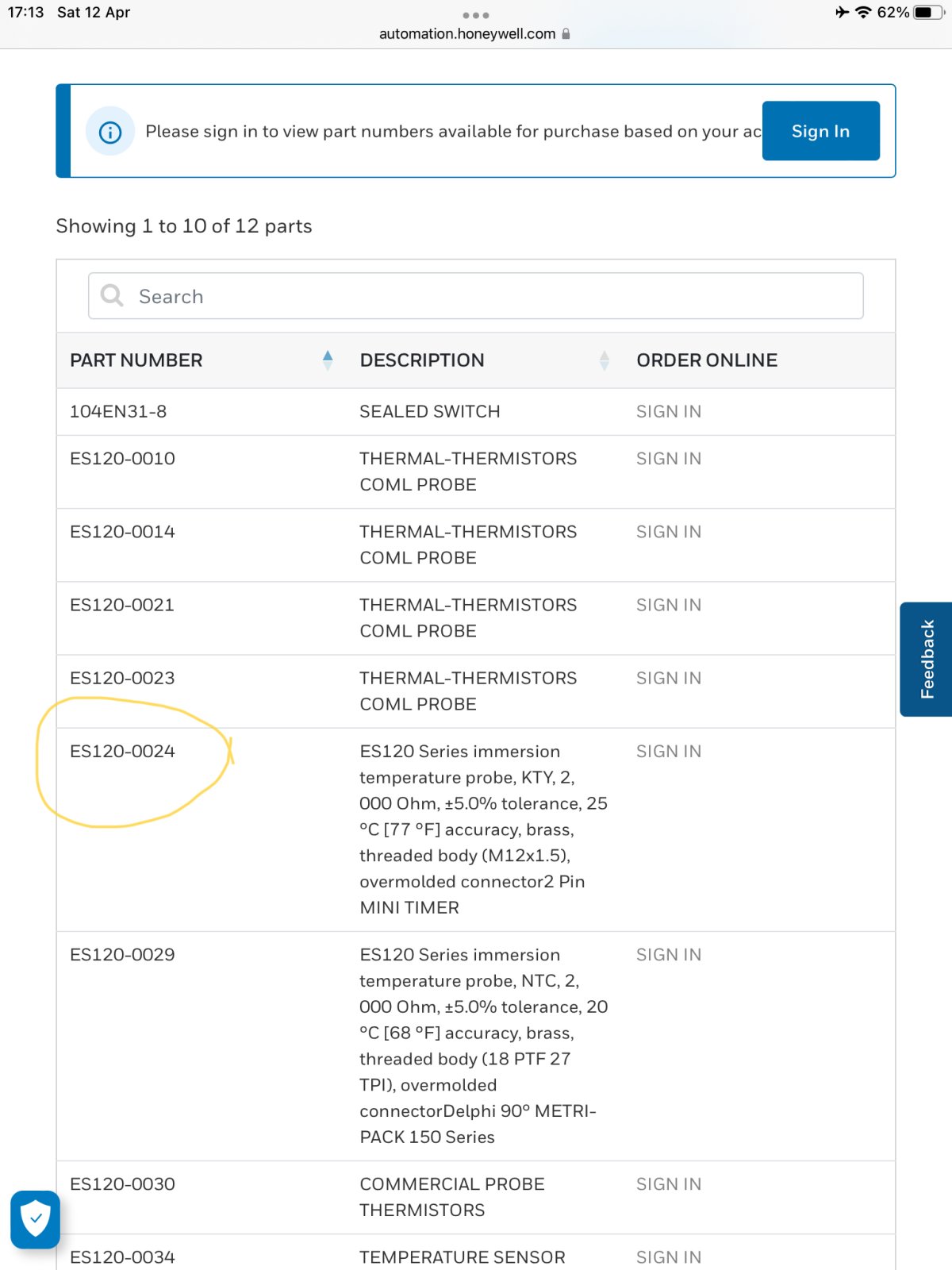 Wanted: ES120-24 temp sender.