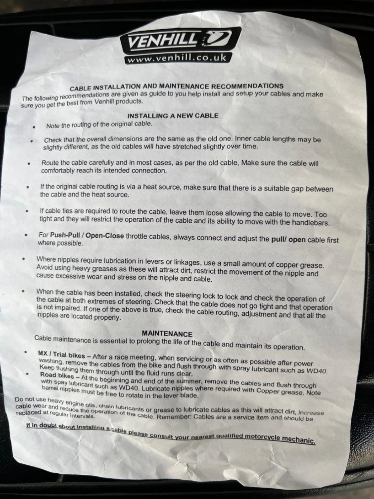 Clutch, throttle, featherlight and brake cable failure from lack of lube