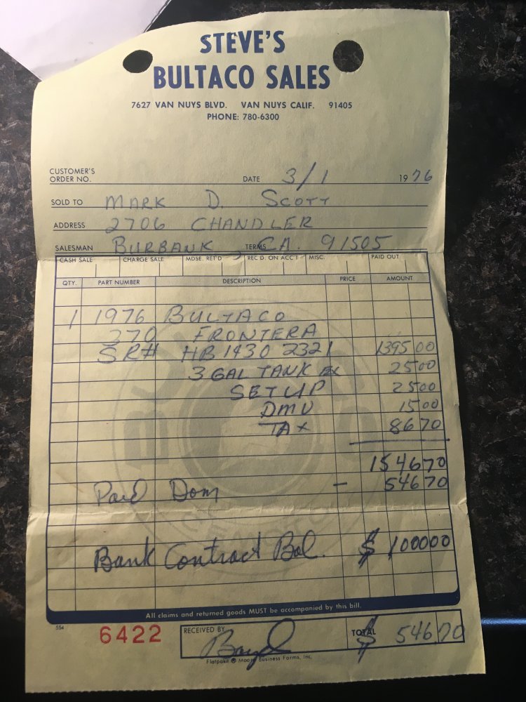 Steve's Bultaco sales receipt